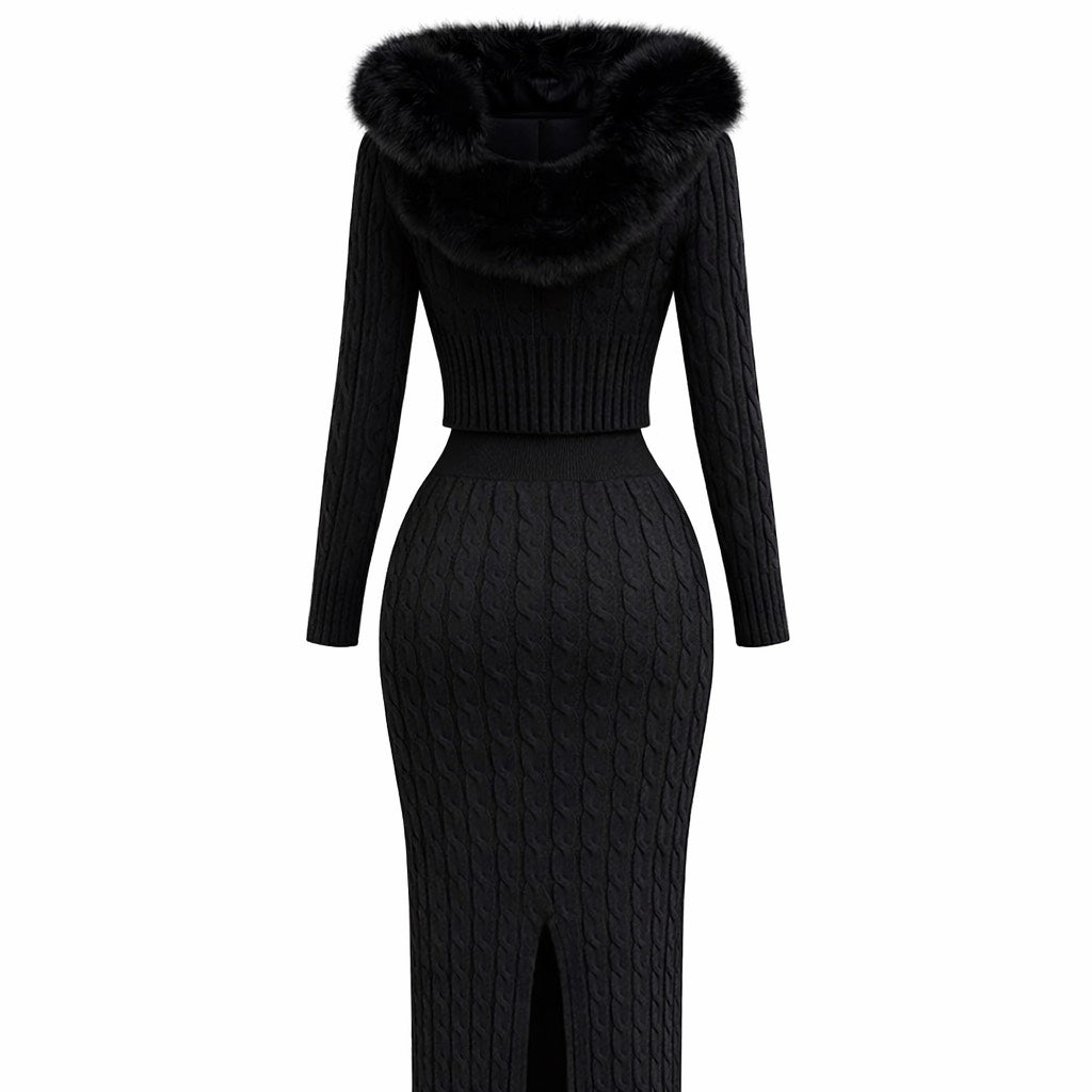 Women’s Knitted Bodycon 2piece Dress Long Sleeve Hooded Winter Elegant