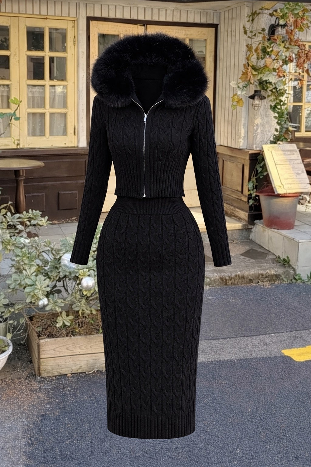 Women’s Knitted Bodycon 2piece Dress Long Sleeve Hooded Winter Elegant