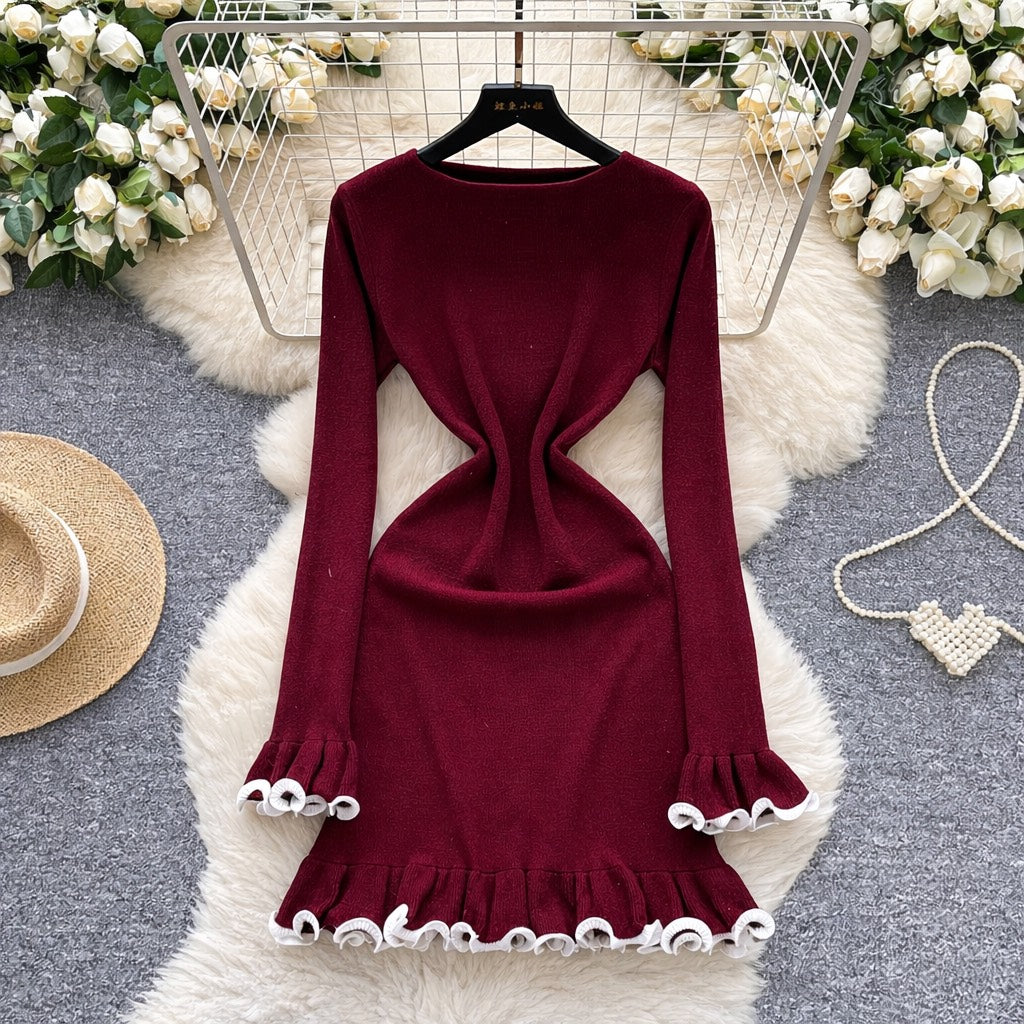 Women’s Burgundy Bodycon Dress Long Sleeve Ruffle Hem Elegant Party Dress