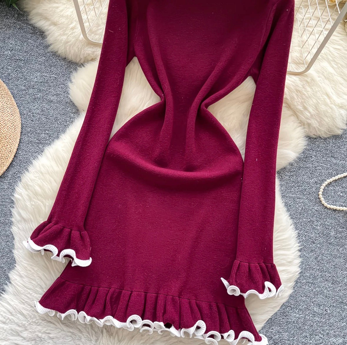 Women’s Burgundy Bodycon Dress Long Sleeve Ruffle Hem Elegant Party Dress