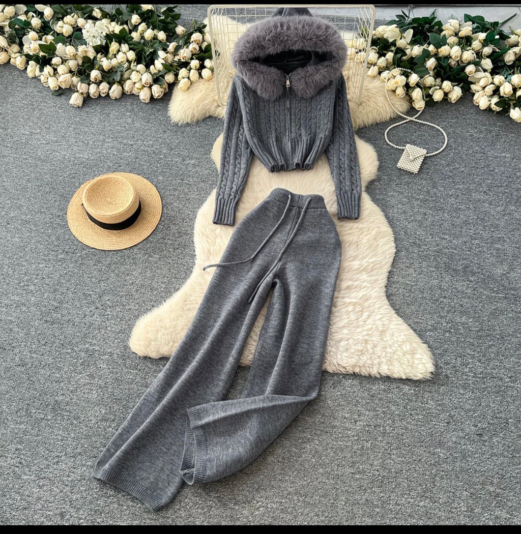 Womens Knitted 2 Piece Lounge Set Hooded Jumper & Trousers Winter Outfit