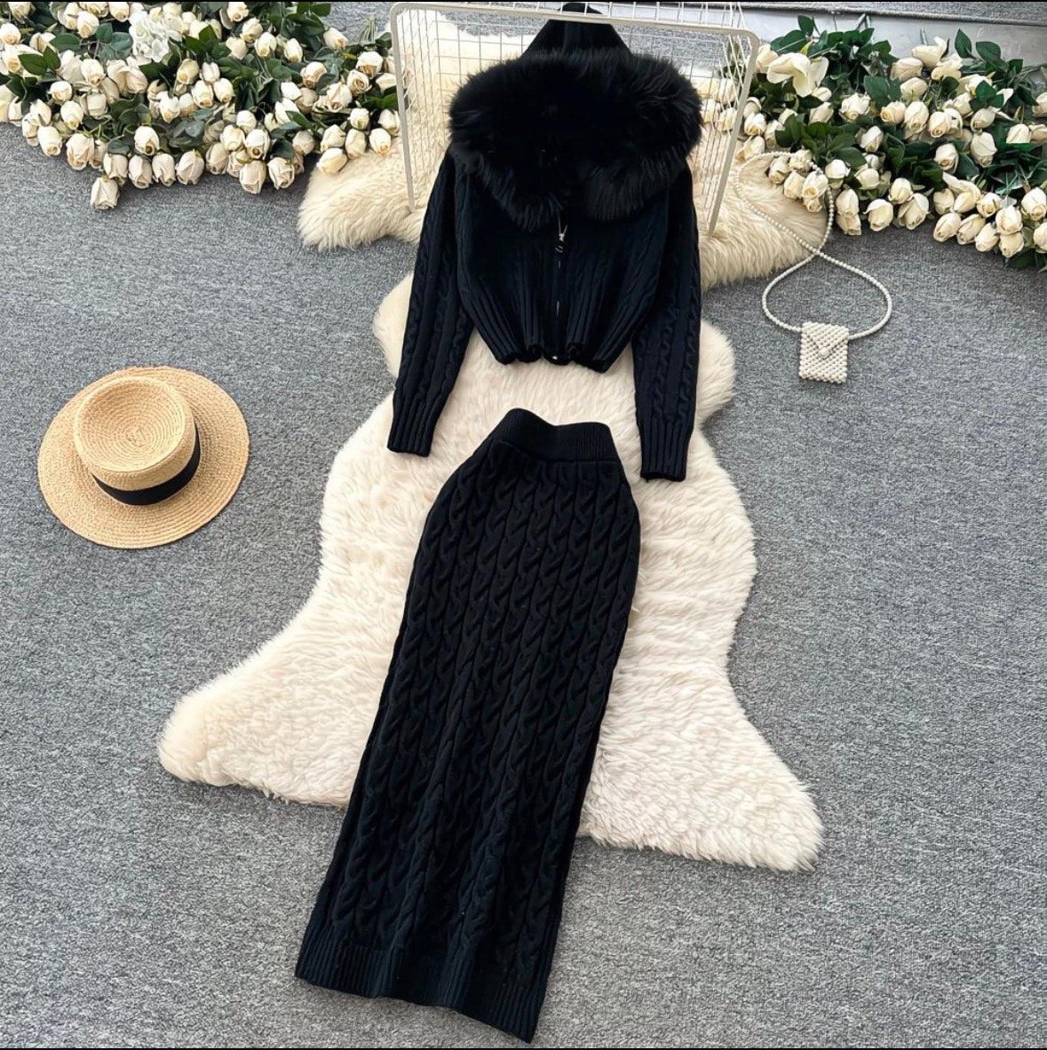 Women’s Knitted Bodycon 2piece Dress Long Sleeve Hooded Winter Elegant